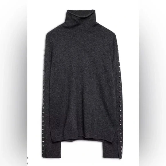 ZADIG & VOLTAIRE | dark gray wool cashmere turtleneck with studs down arms XS - Picture 4 of 12